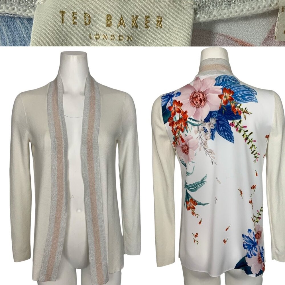 Ted Baker Cream Floral-Back Cardigan with Pastel Stripe Trim, Size 1